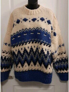 Vintage Hand Knit Cozy Sweater Blue Gray Chevron Nordic Pattern Unisex XLarge